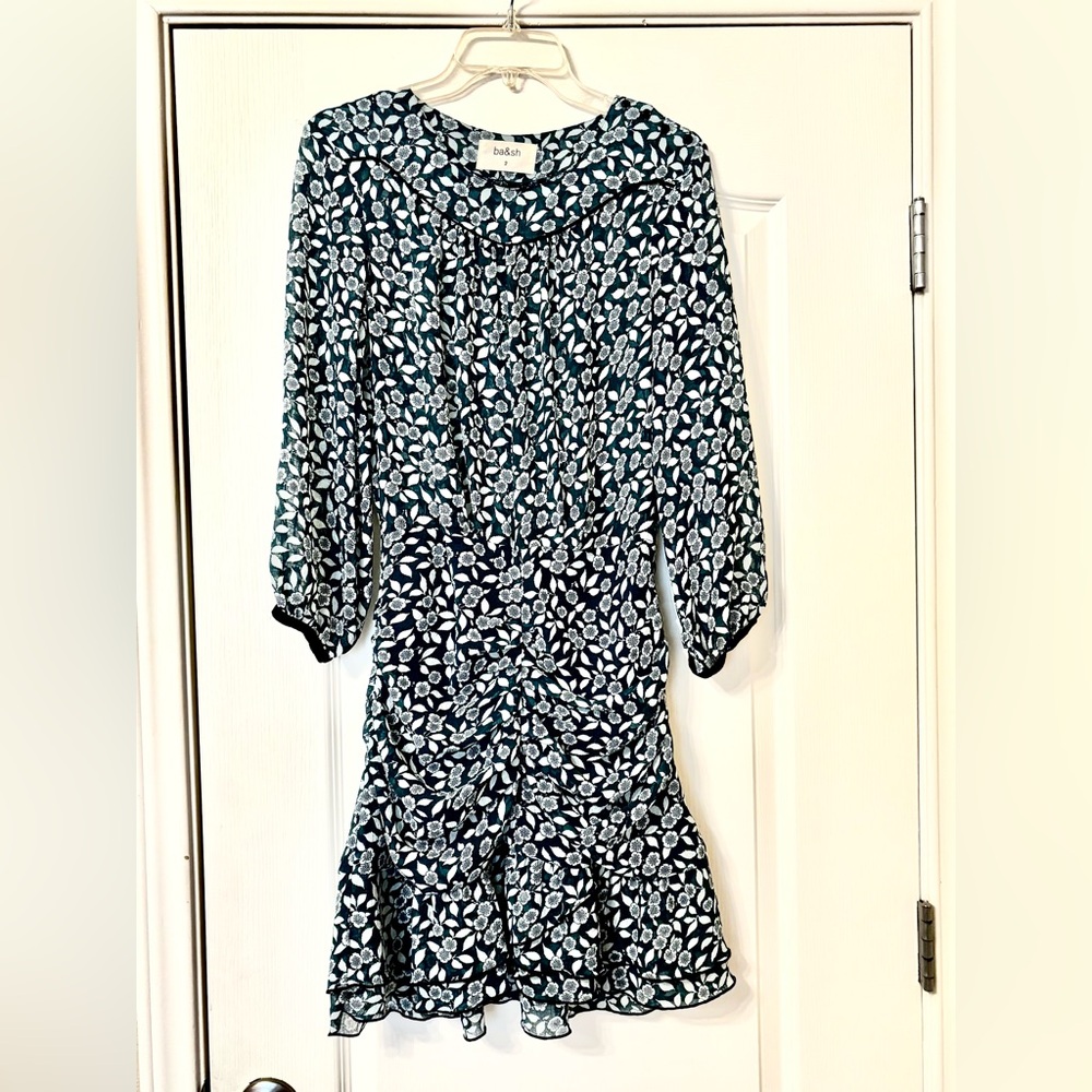 Ba&sh Medium dress tiered ruffles blue BASH long sleeve fit waist Sz 8